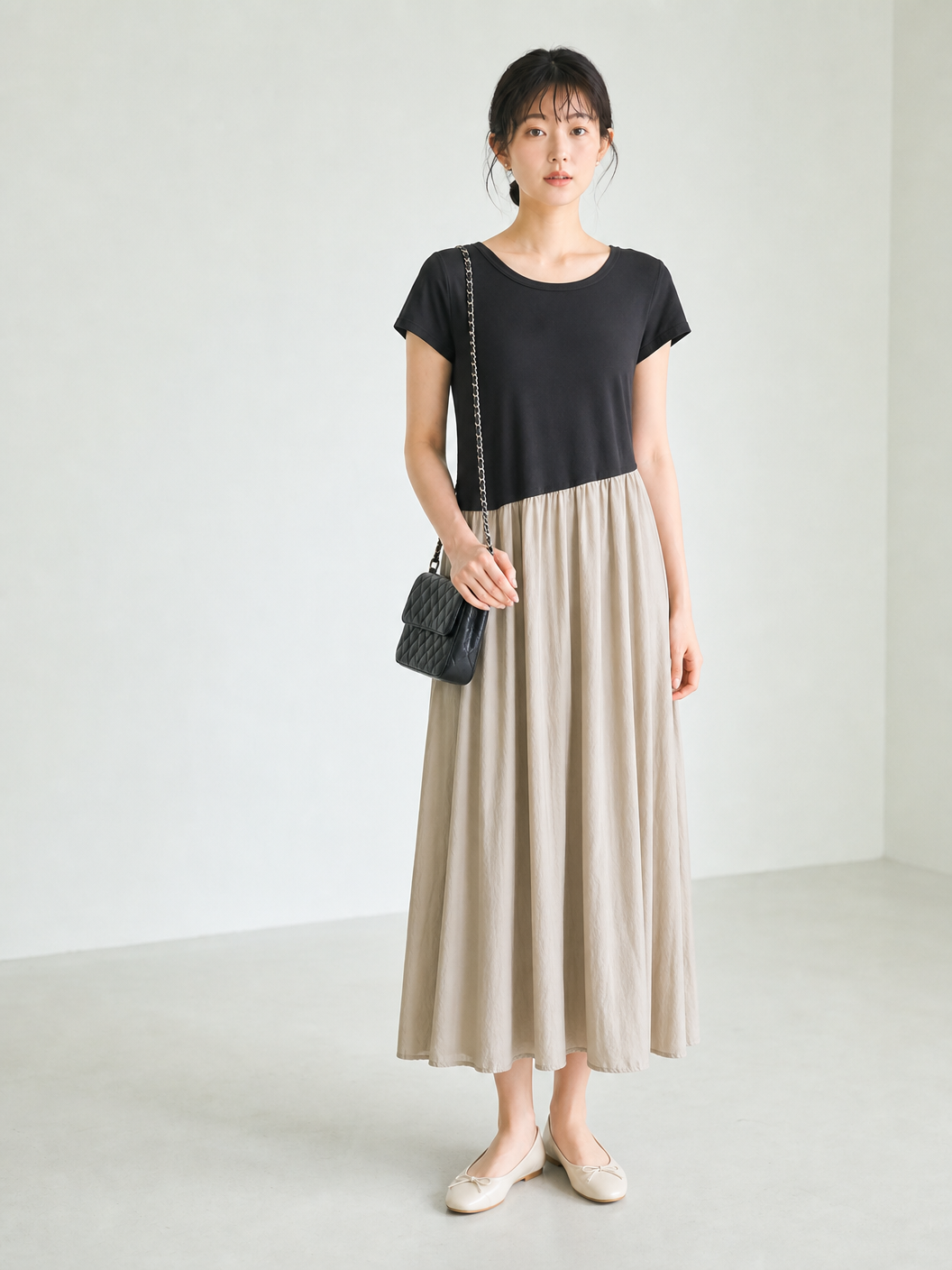 M~2XL 配色切り替え アシンメトリーウエスト フェイクレイヤード 半袖ワンピース