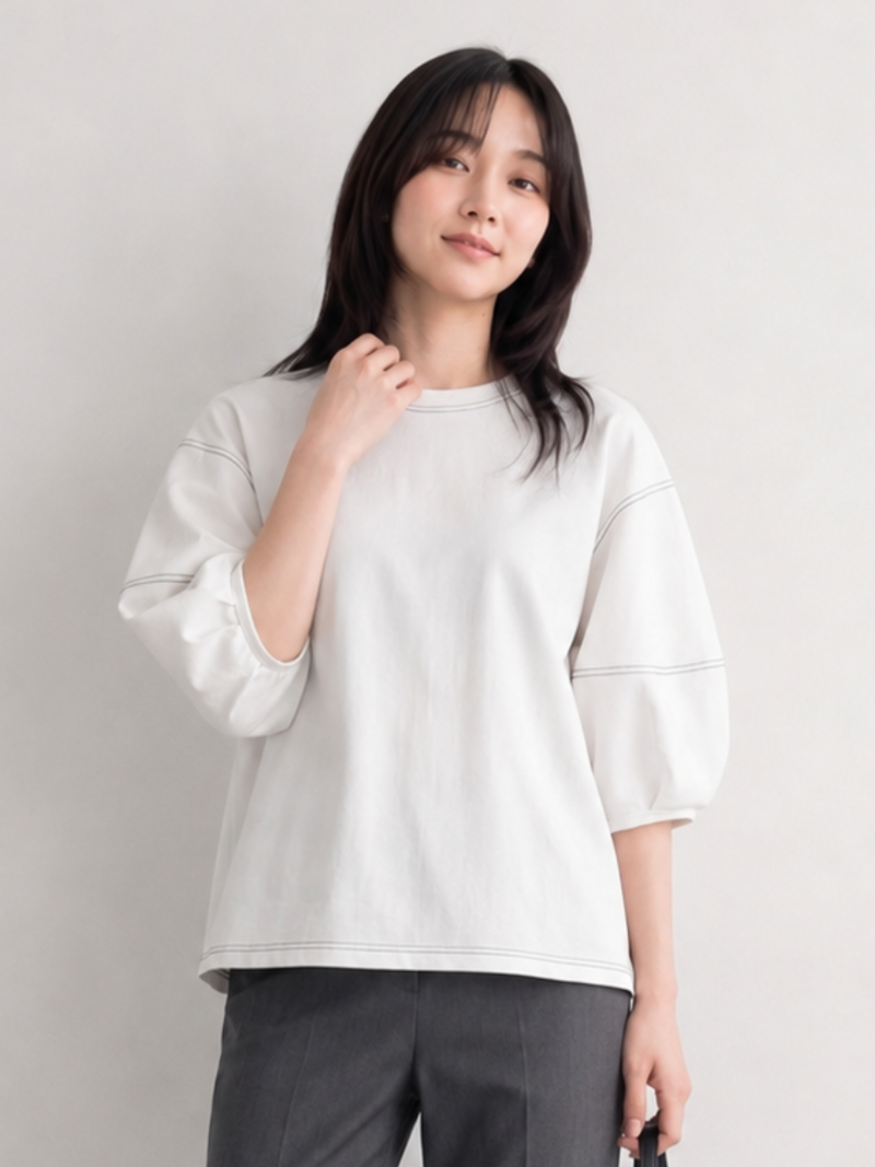 【全2色】M~XL 配色ステッチ パフスリーブスウェット