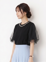パール風襟飾り チュールフリルスリーブ ゆったり半袖Tシャツ
