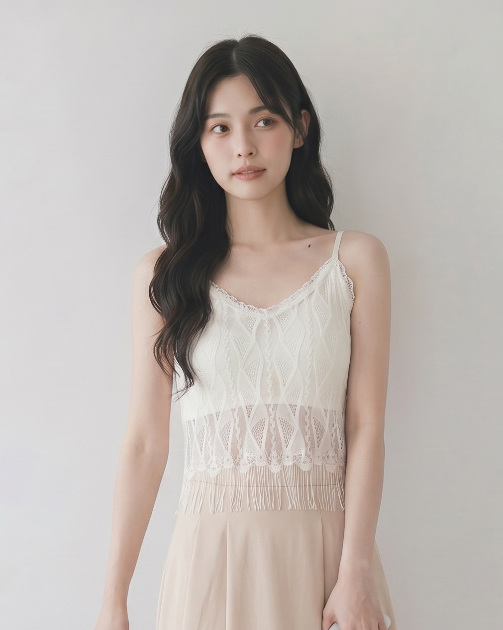 フレンチレースのフリンジキャミソールは、胸当て付きの美背中トップスを羽織ることができます
