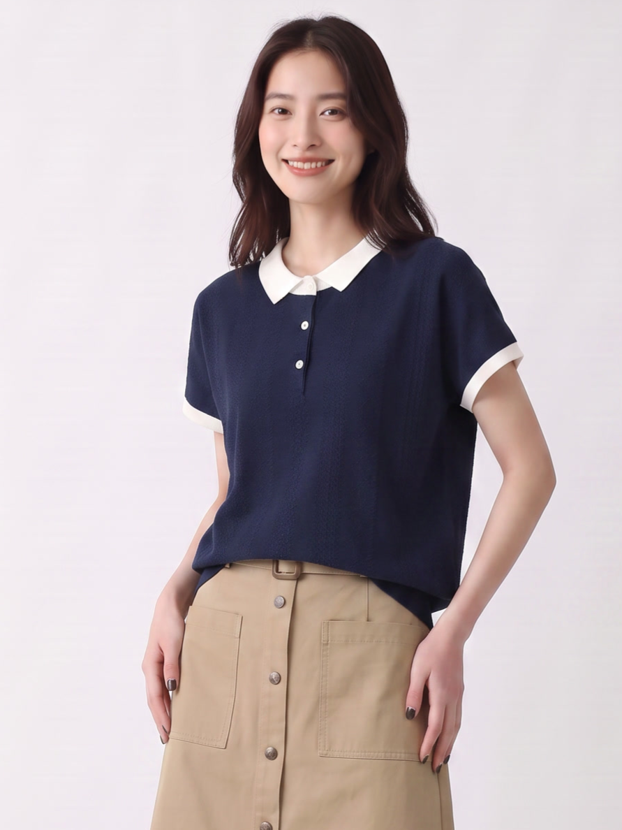 【全2色】M~XL 配色襟ジャカードPOLOシャツ