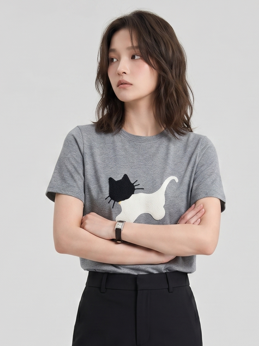 コットン素材、ネコ！子猫刺繍半袖Tシャツデザイン感ゆったりトップス