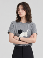 コットン素材、ネコ！子猫刺繍半袖Tシャツデザイン感ゆったりトップス