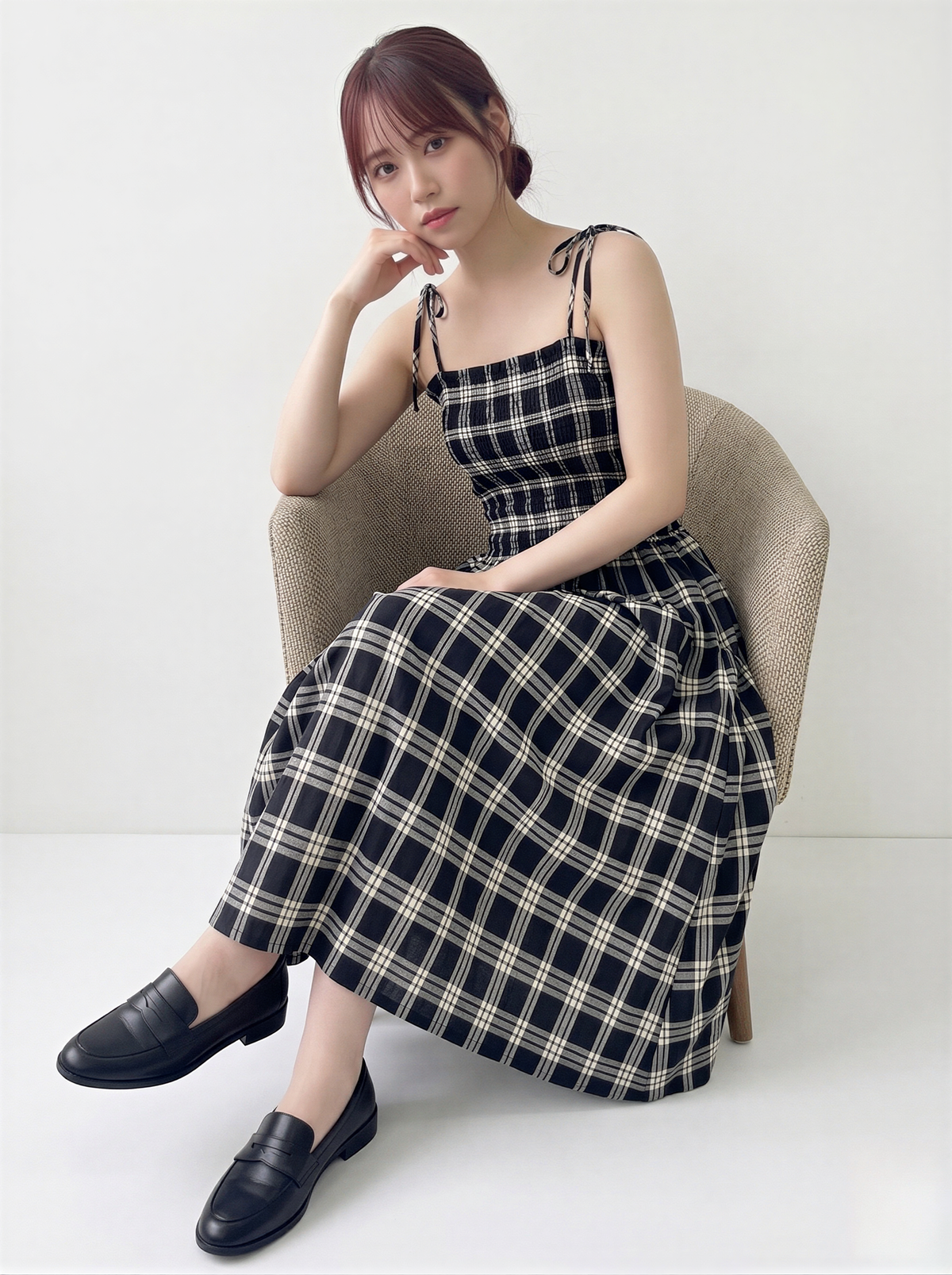 ブラック×ライトベージュ チェック柄 リボンストラップ ウエストシェイプ キャミワンピース