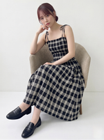 ブラック×ライトベージュ チェック柄 リボンストラップ ウエストシェイプ キャミワンピース
