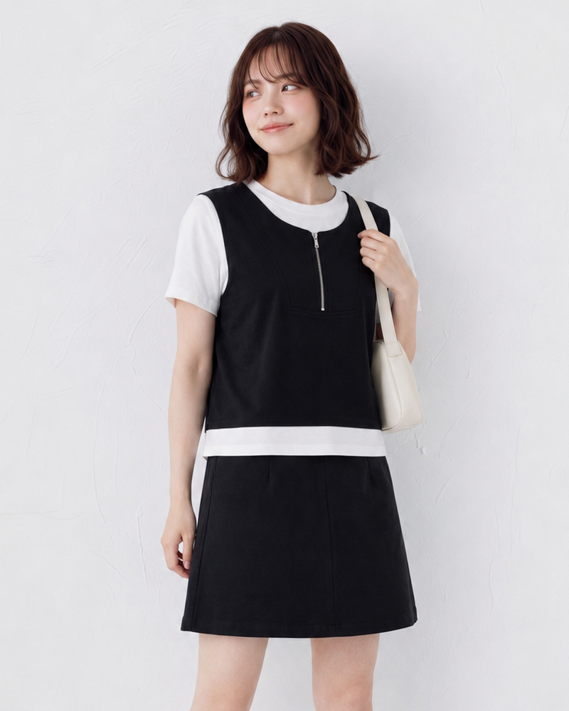 配色切り替えファスナー付きフェイクレイヤード半袖Tシャツ