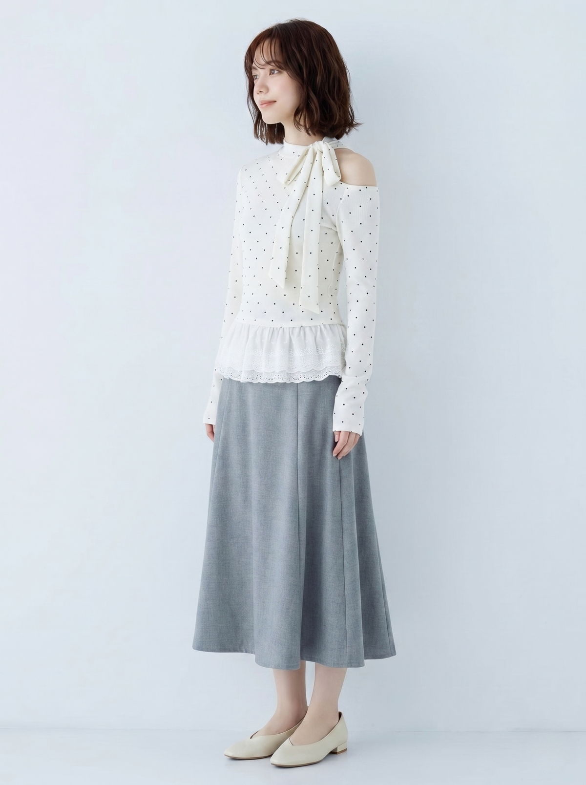 オフショルダー リボン×ドット 切り替え 長袖Tシャツ