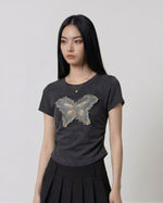 バタフライ立体フリンジワッペン クルーネック半袖Tシャツ