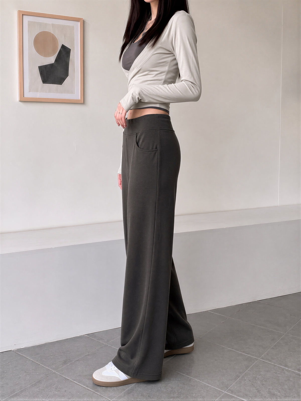 【全3色】S-XL ハイウエスト 落ち感ストレートワイドパンツ