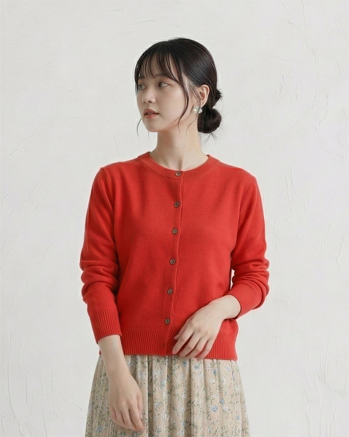 クルーネック シングルボタン フィット ニットカーディガン-レッド-2XL