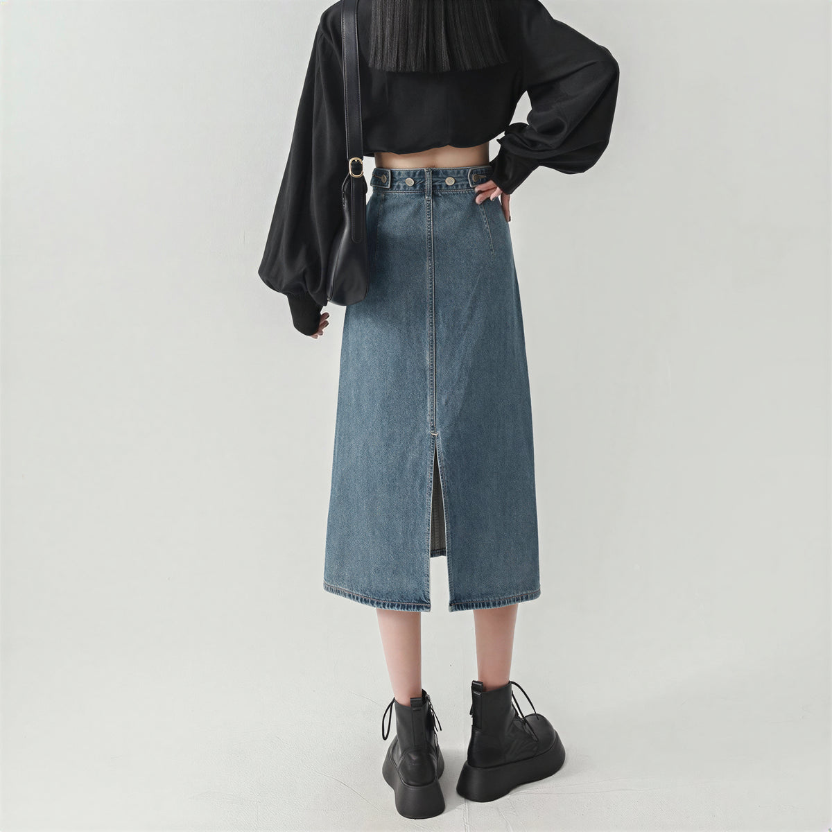 ハイウエスト ストレート スリット デニムスカート