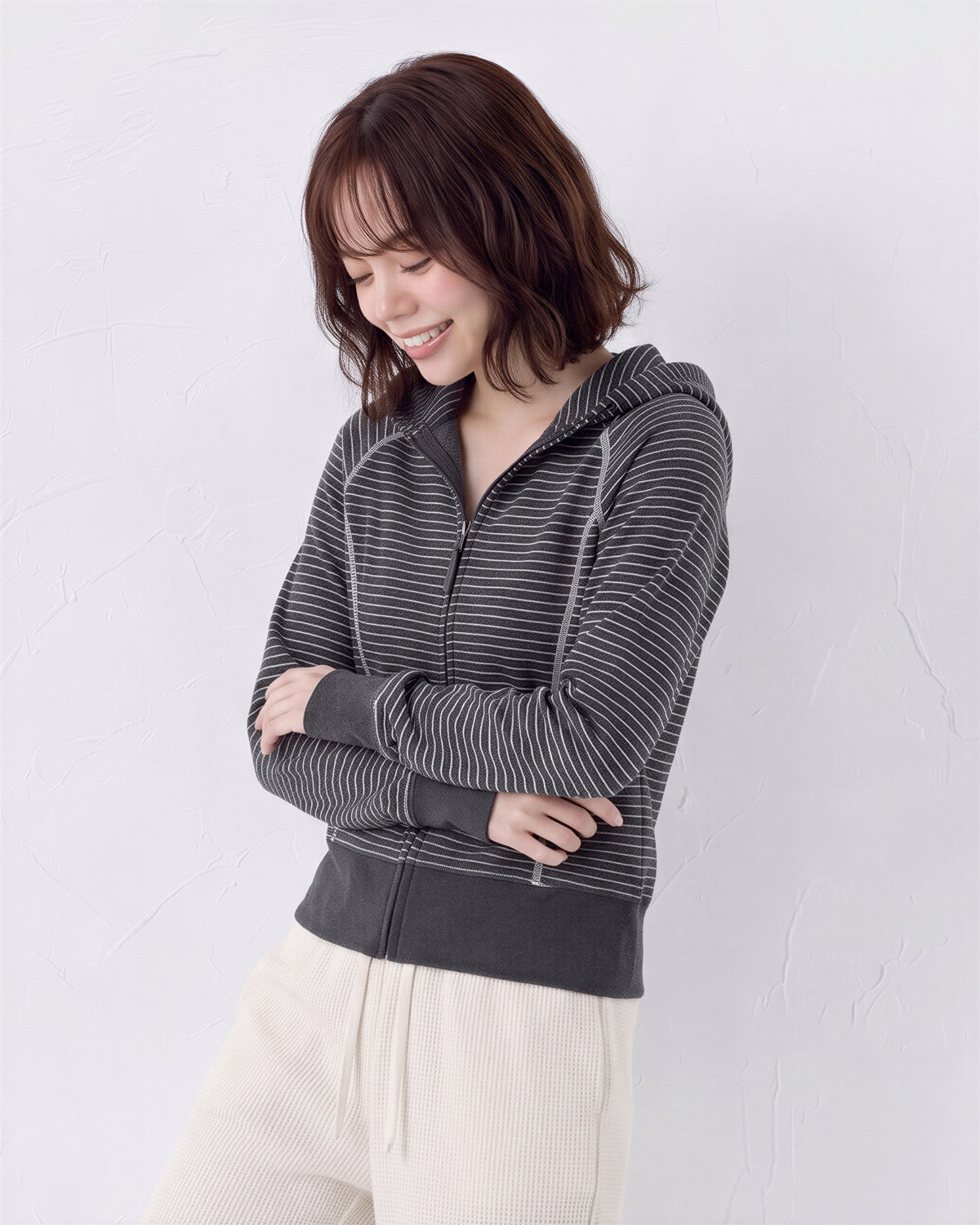 【秋新作】S~XL ボーダー柄フード付き切り替えスウェット
