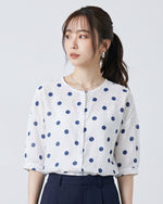 ラウンドネック ドット柄 ルーズシャツ-ホワイト-2XL