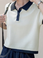 配色POLO襟ショート丈ニットトップス