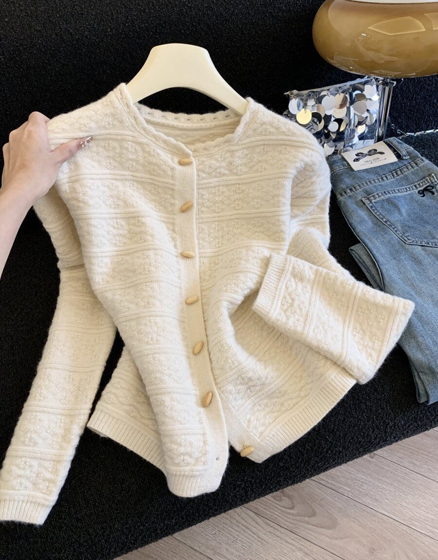 S~XL 立体感のあるテクスチャー クルーネック ショート丈ニットカーディガン