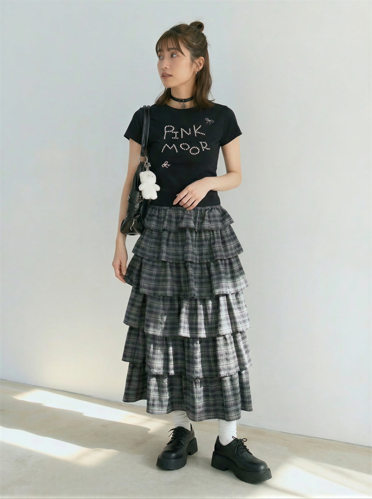 グレー チェック柄 ティアードフリル ケーキスカート