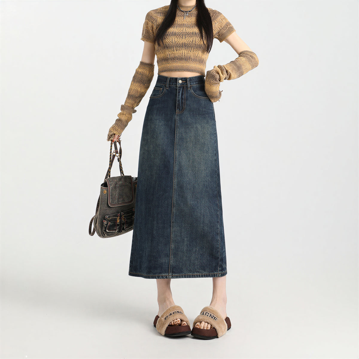 ハイウエスト ストレート スリット デニムスカート