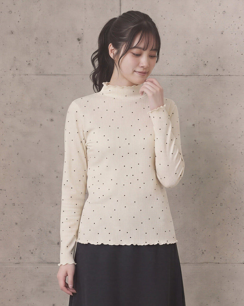 【全2色】S~XL メローフリルハイネックドットTシャツ