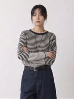 ゆったりドロップショルダー・ブラック×ホワイトボーダー・切り替え長袖ニット