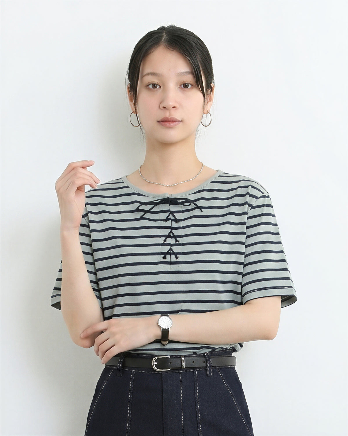 ボーダー リボン付き クルーネック 半袖Tシャツ