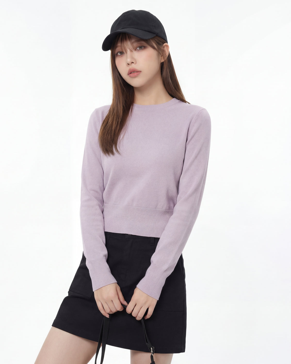 ショート丈 ウエストシェイプ ハイウエスト見え すっきりフィット クルーネック 長袖Tシャツ