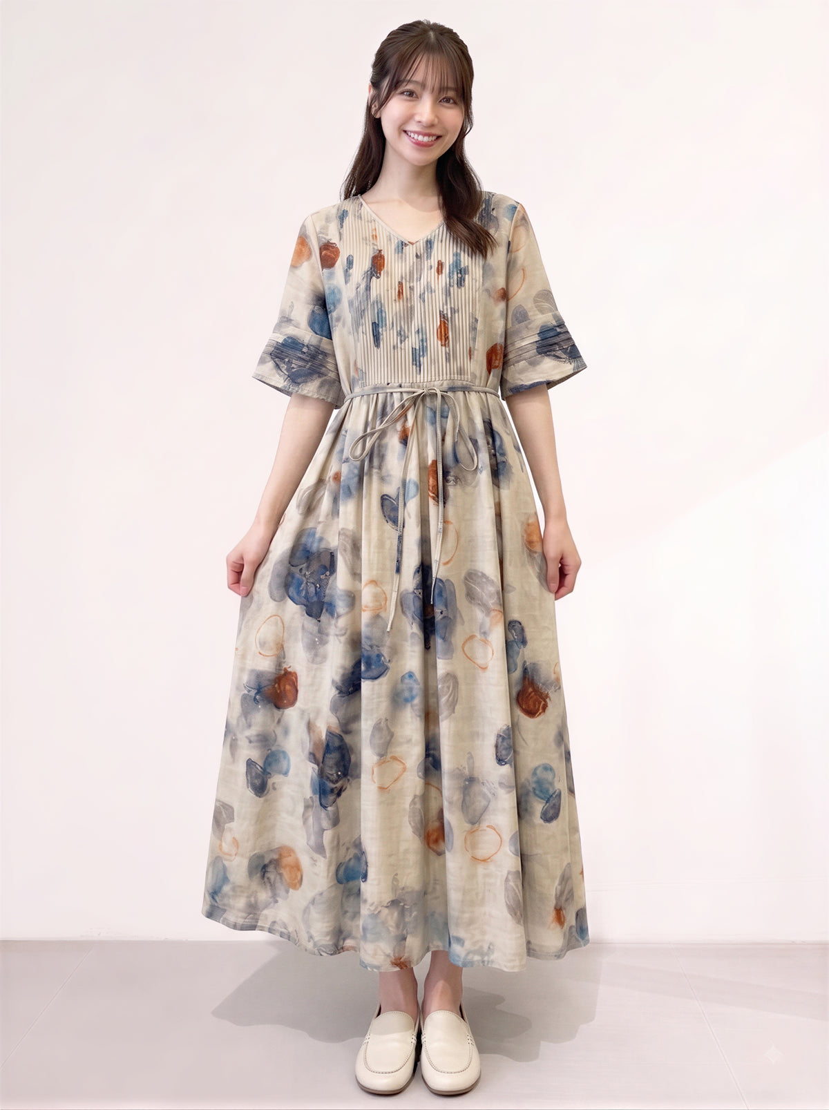 M~2XL ライトベージュ Vネック ウエストリボン 花柄ロングワンピース