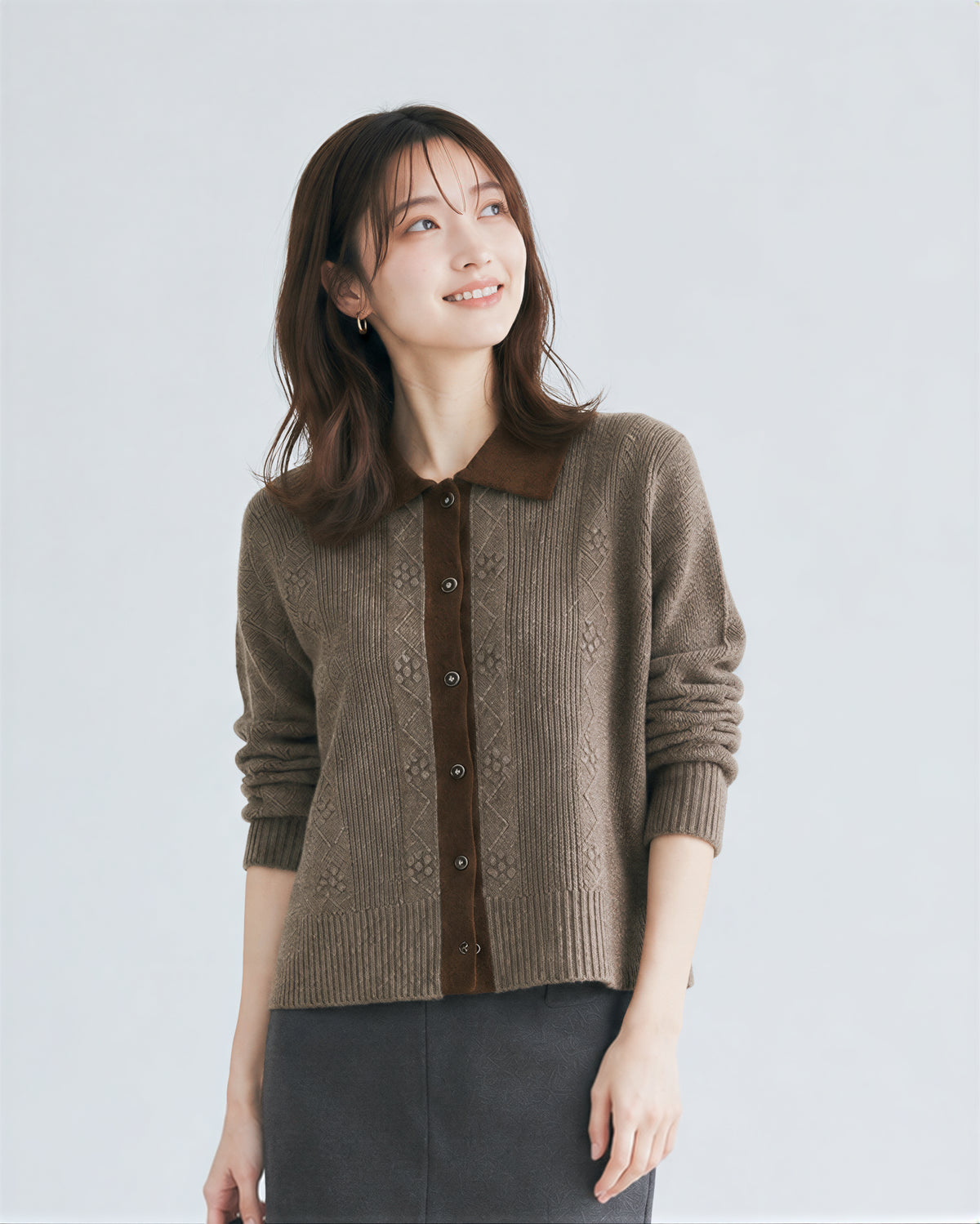 【秋新作】S~2XL 配色カラー ジャカード縦柄 ニットカーディガン