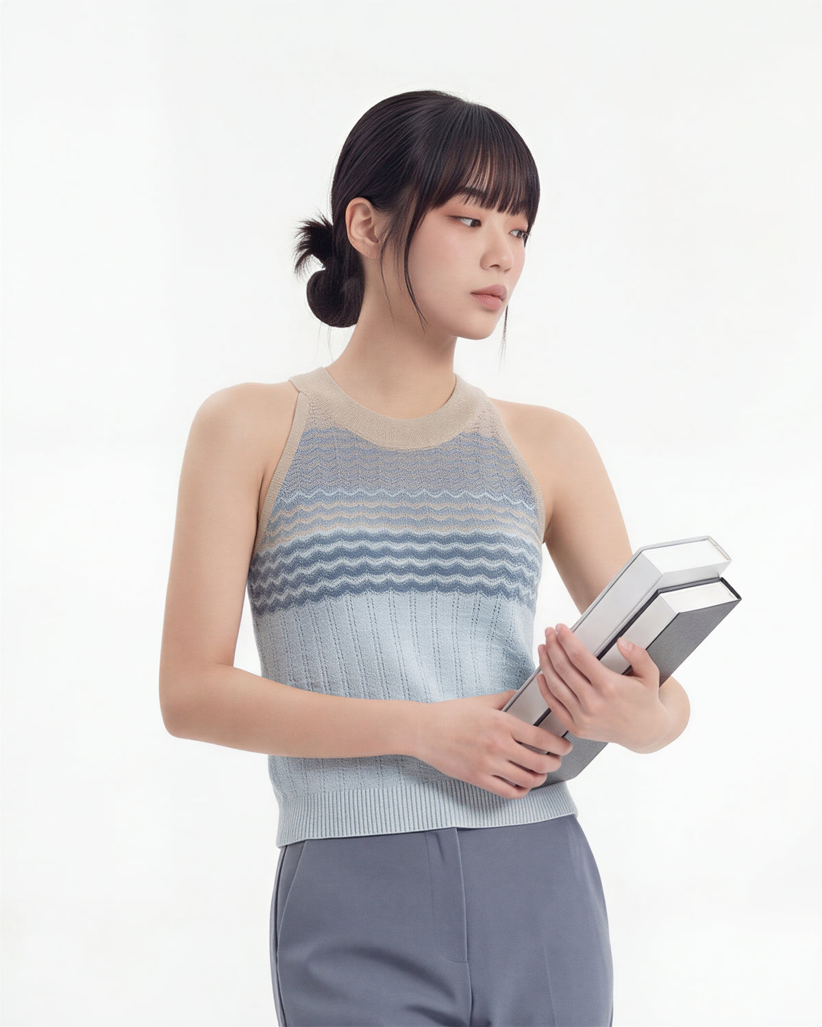 ライトブルーグラデーション ジャカードUネック ニットベスト