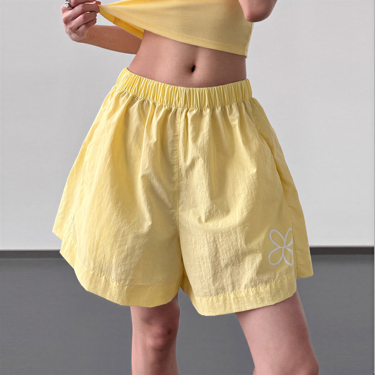 S-2XL ウエストゴム ハイウエスト 花柄プリント ワイドショートパンツ