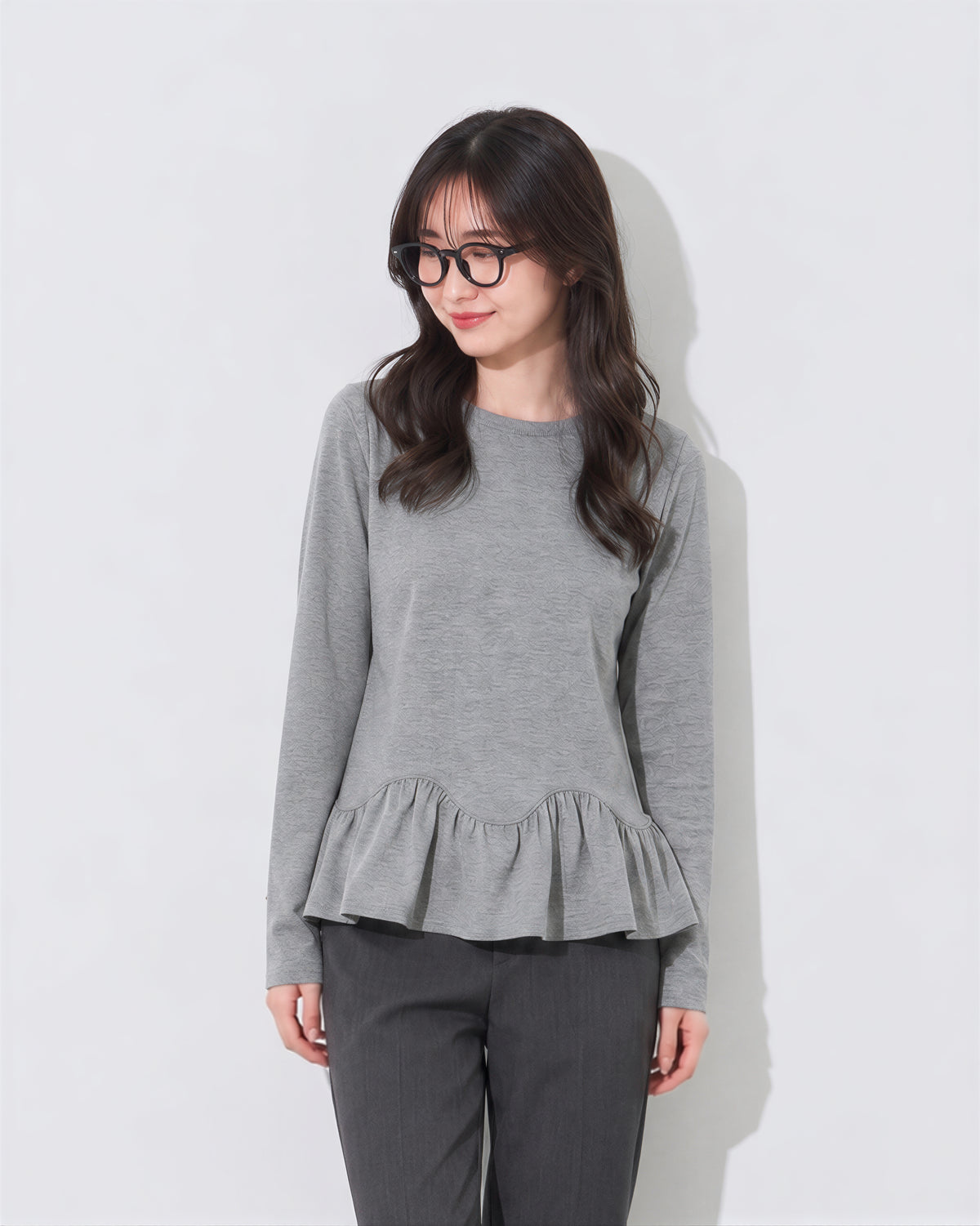 S~2XL ウエストシェイプ ペプラム裾 長袖Tシャツ