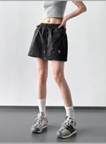 ウエストゴム ドローストリング Aラインミニスカート-ブラック-XL