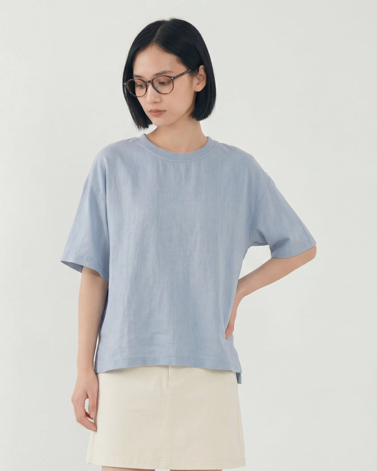 ライトブルー 肩落ち ゆったり クルーネック 半袖Tシャツ