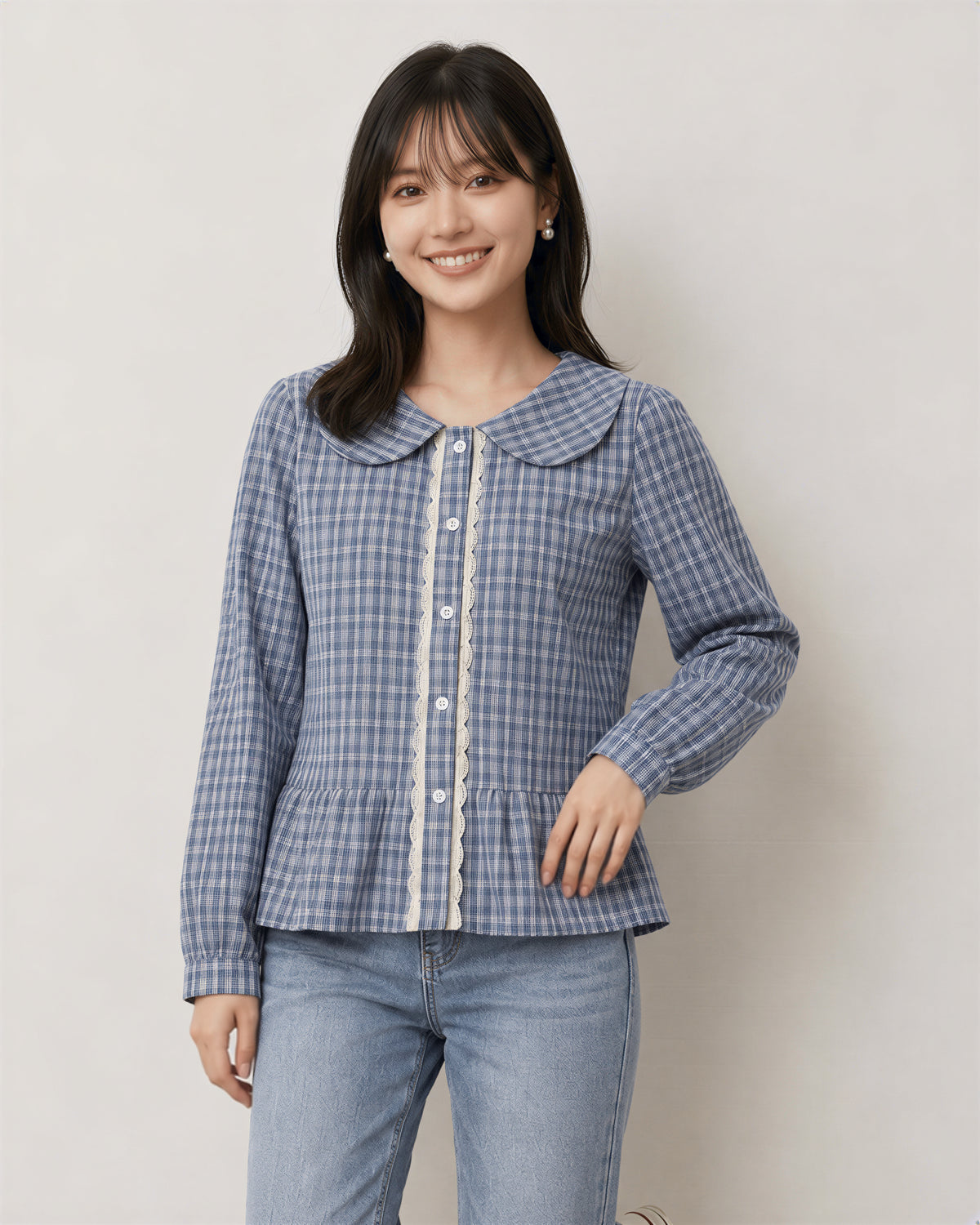 S-XL ライトブルーチェックのドールカラーウエストシェイプシャツ