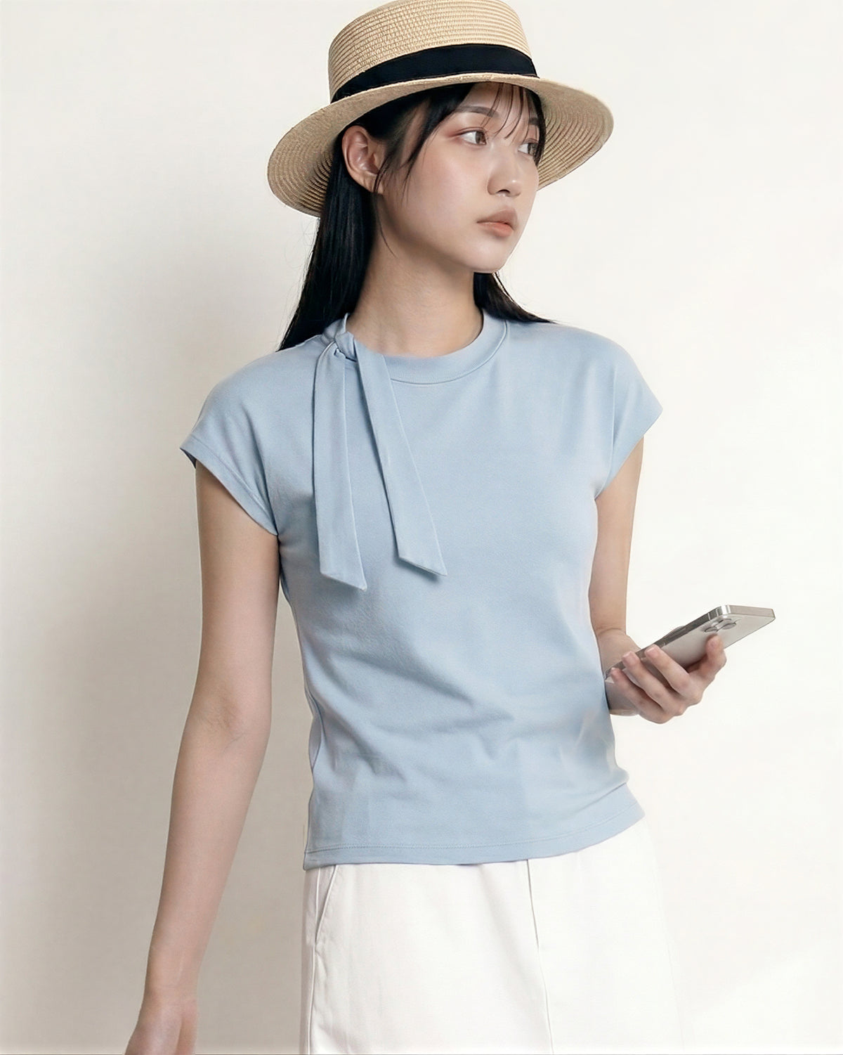 ワンショル風リボンデザイン すっきりフィット半袖Tシャツ