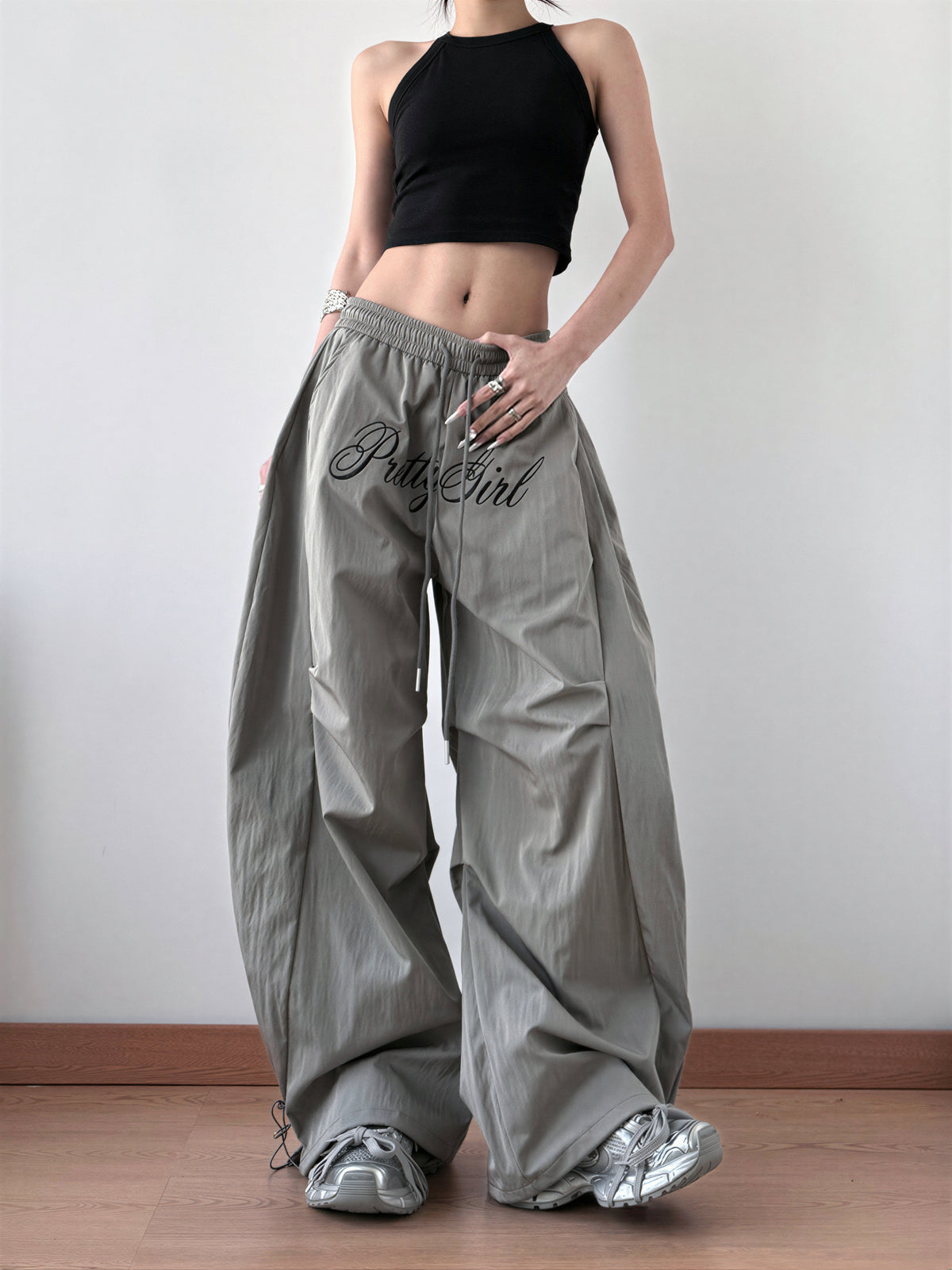 S-XL ウエストゴム ドローストリング ワイドカーゴパンツ