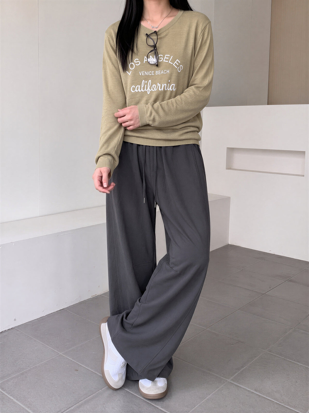 ハイウエスト ドローストリング 裾だまりワイドパンツ-グレー-XL
