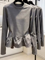 S~2XL ウエストシェイプ ペプラム裾 長袖Tシャツ
