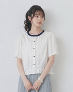 配色フリル ギャザー ブラウス