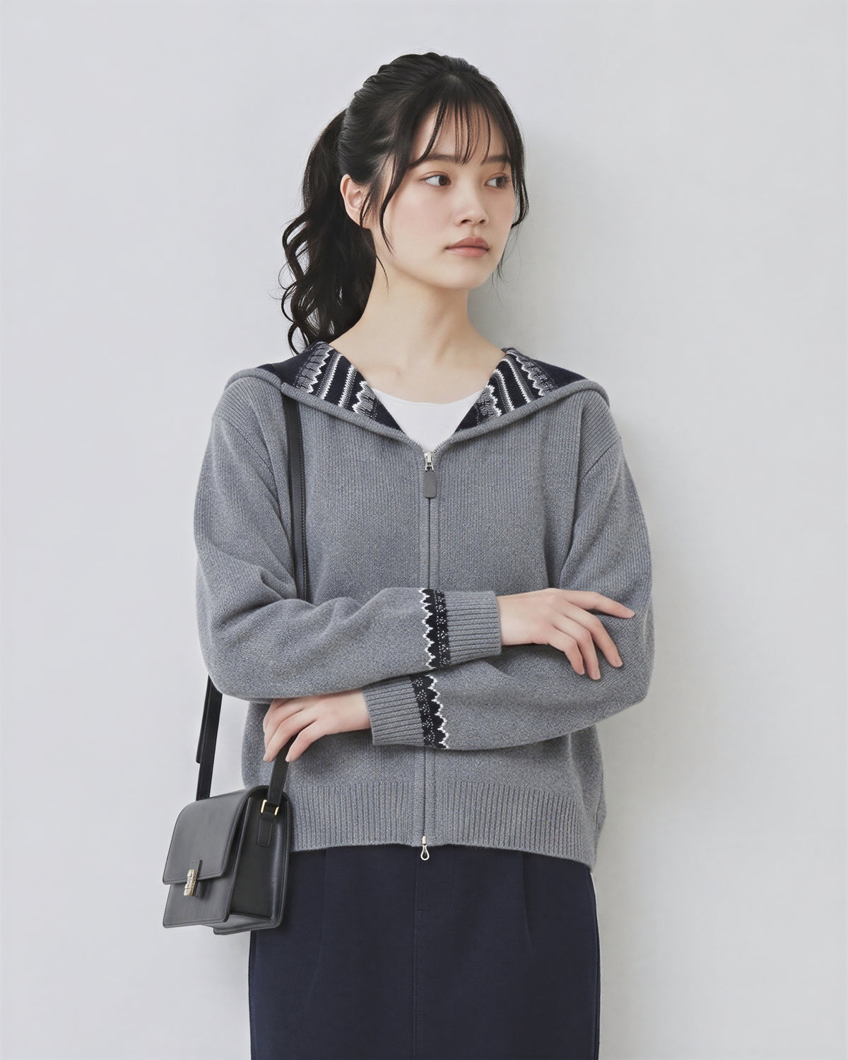 【秋新作】S~2XL フード付きジャカード ダブルジップ カーディガンニット