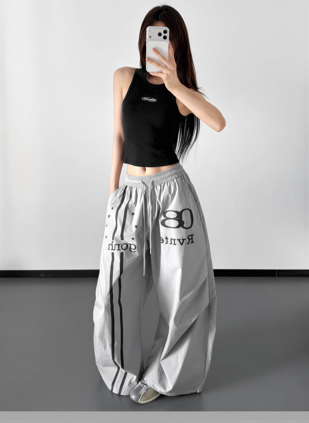 ドローストリング ハイウエスト ワイドシルエットパンツ