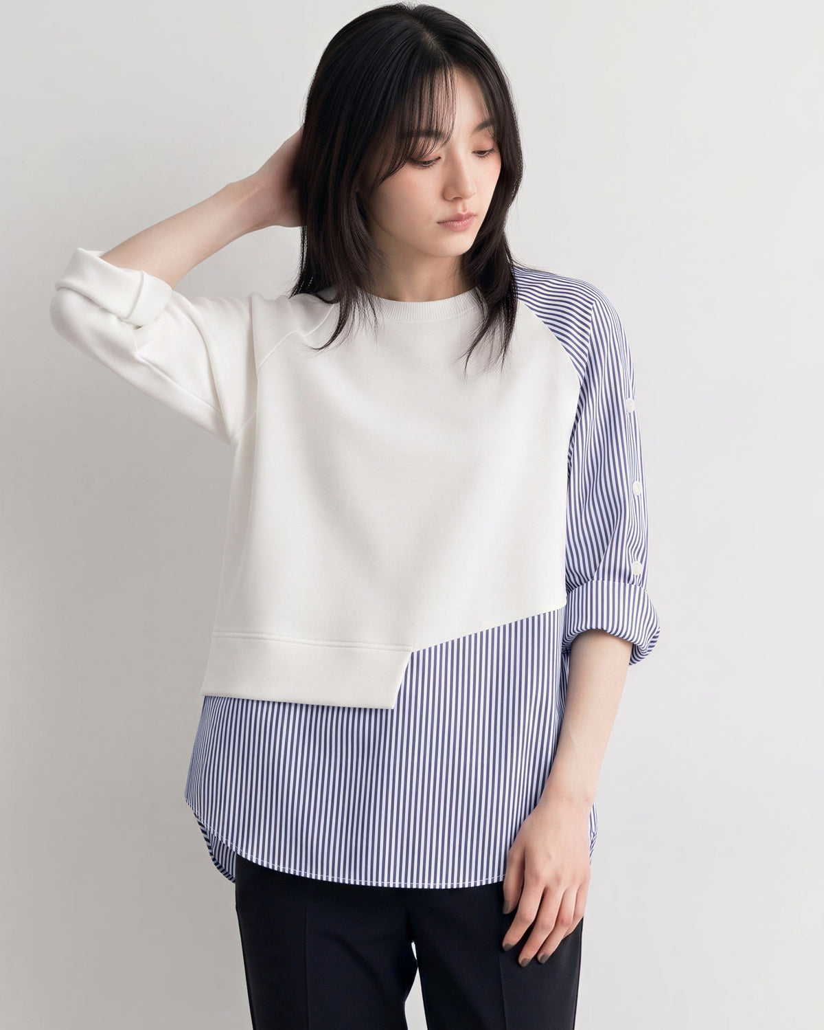 切り替えストライプ ルーズスウェット-ホワイト-2XL