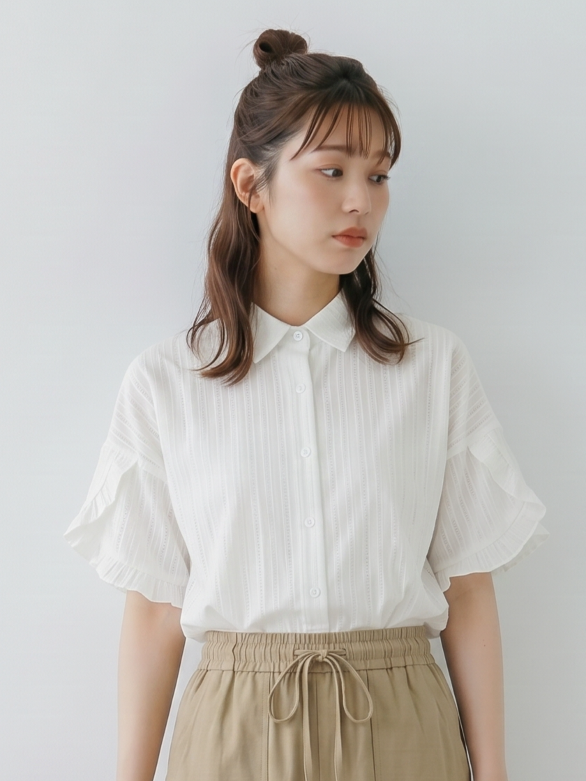 立体縦リブ フリルスリーブ ゆったりシャツ