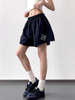 ウエストゴム ハイウエスト 花柄プリント ワイドショートパンツ-ダークネイビー-2XL