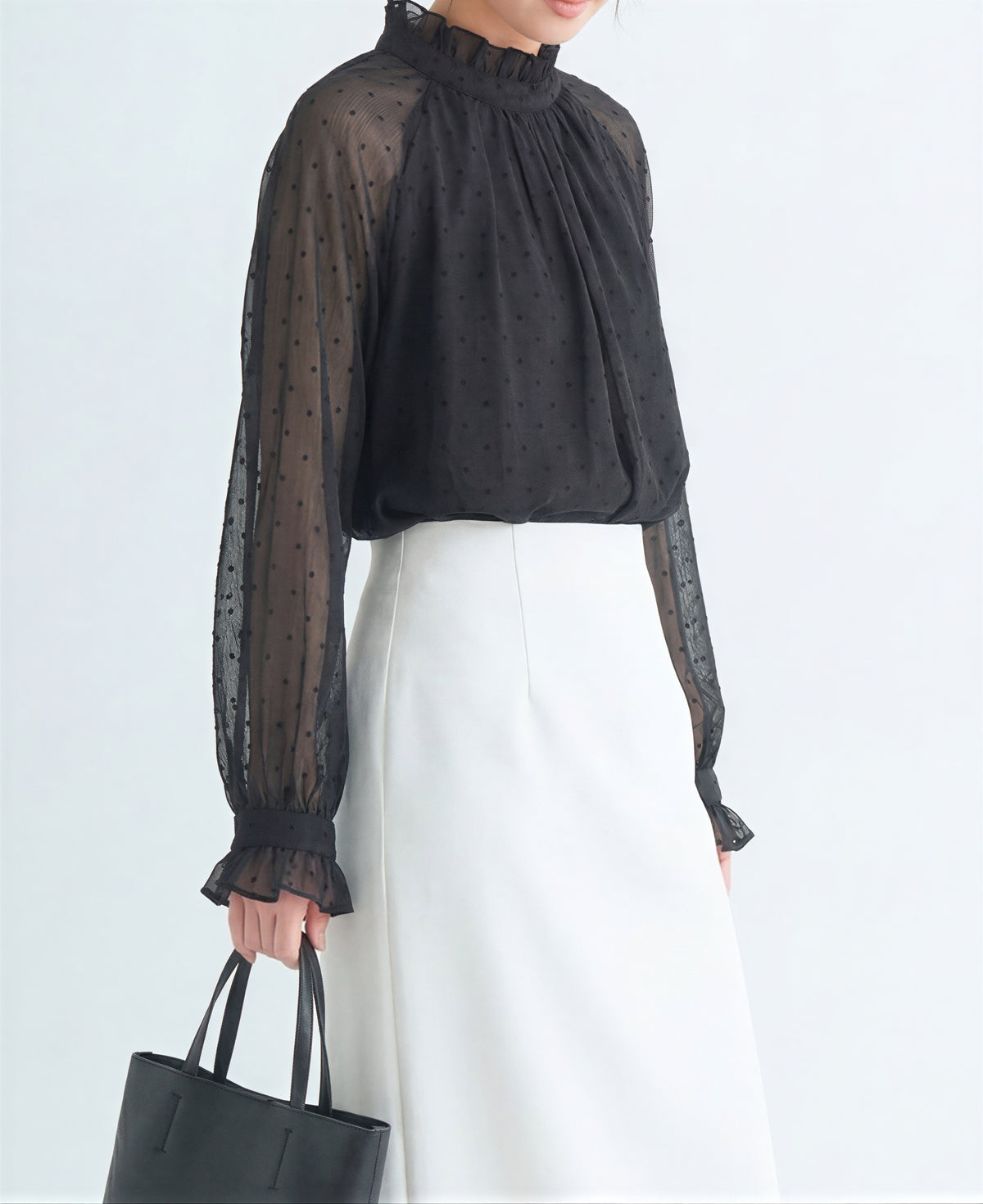 ドット柄シアー切替 スタンドカラー フリルブラウス