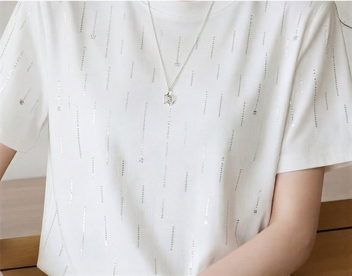 縦ラインスパンコール付き クルーネック ストレート 半袖Tシャツ