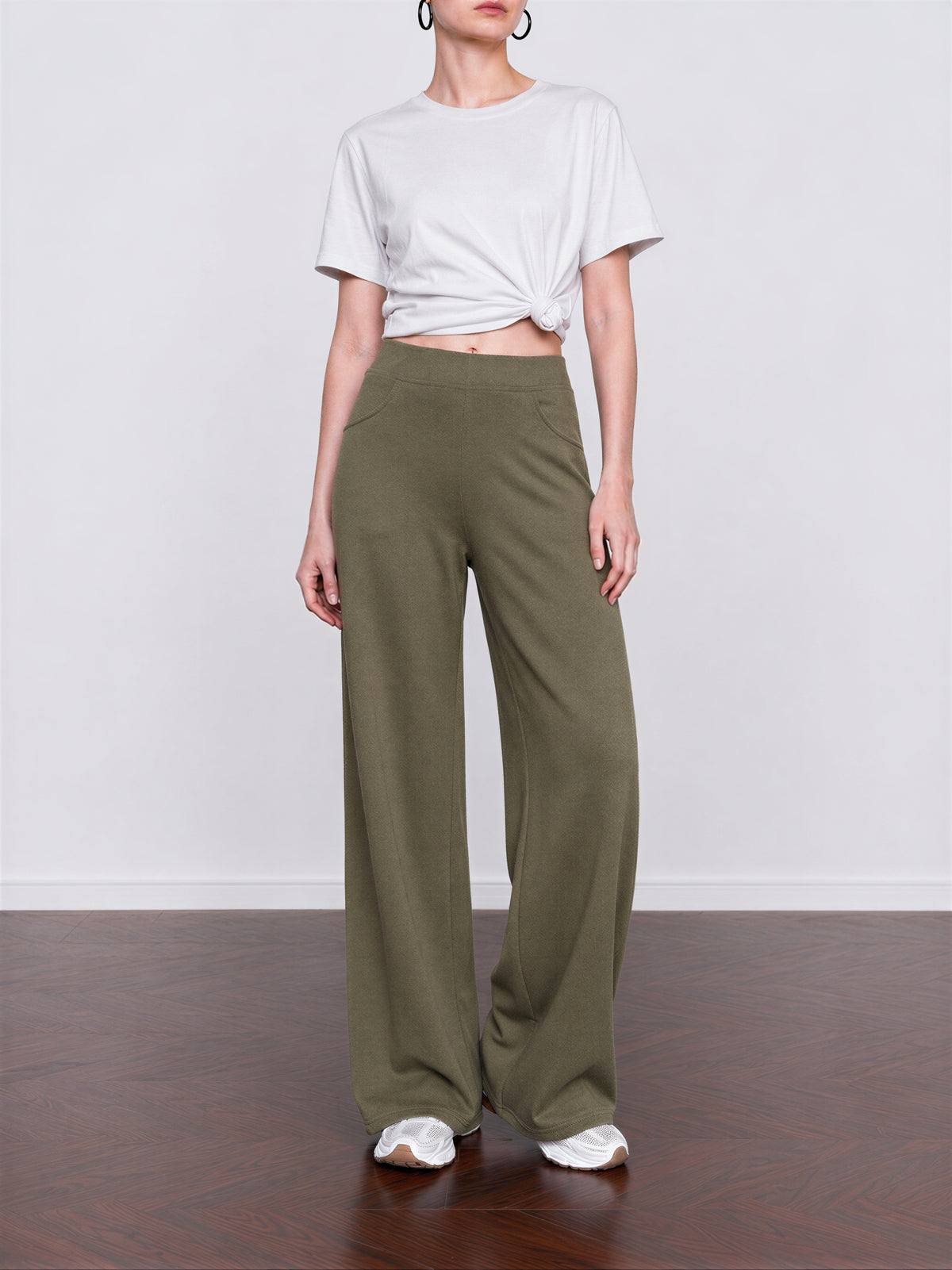【全4色】S~XL ハイウエストワイドレッグ落ち感カジュアルパンツ