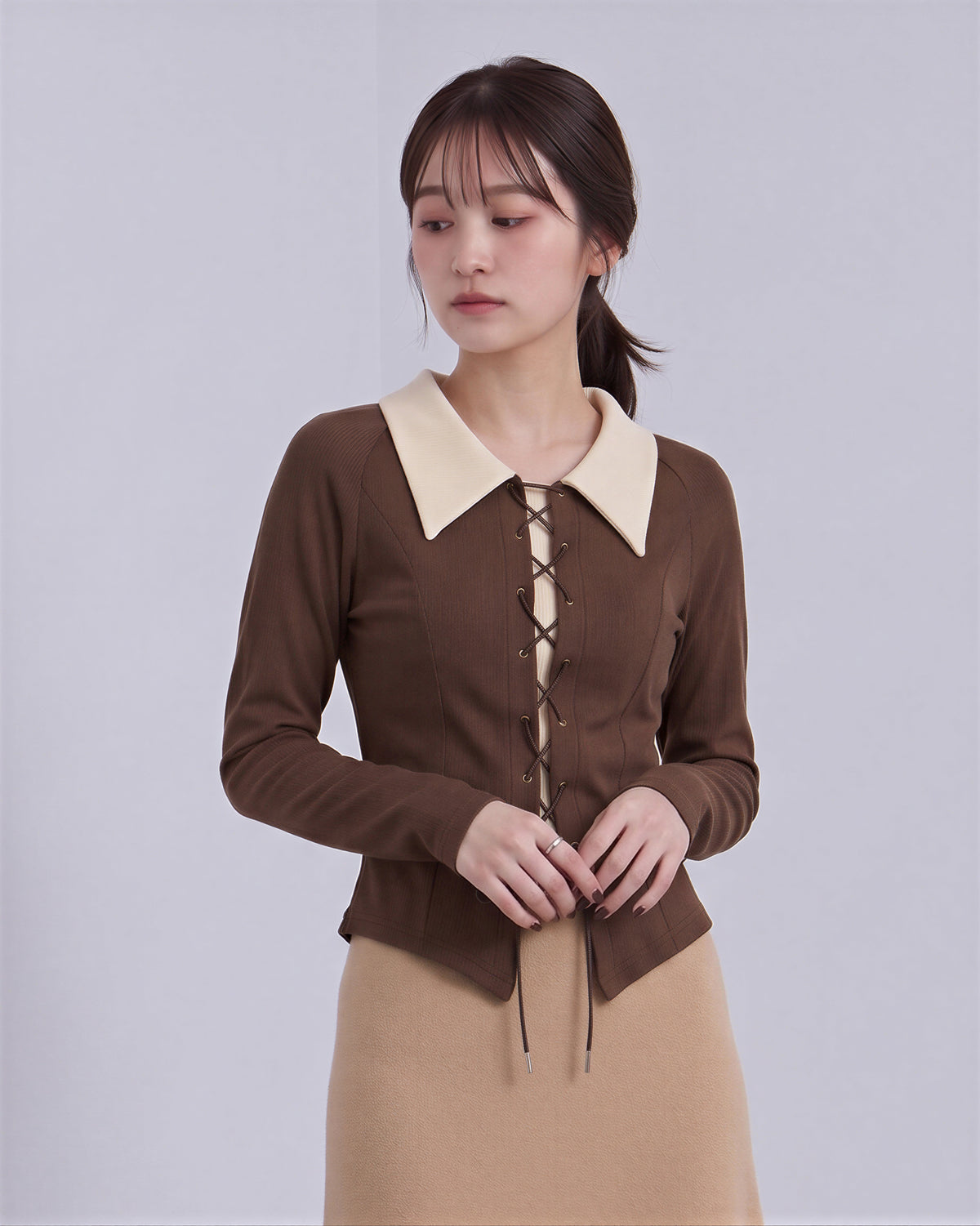 M~2XL 配色ビッグカラー ウエストマーク リボンニット