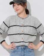 S~XL ラウンドネック ボーダーニットカーディガン