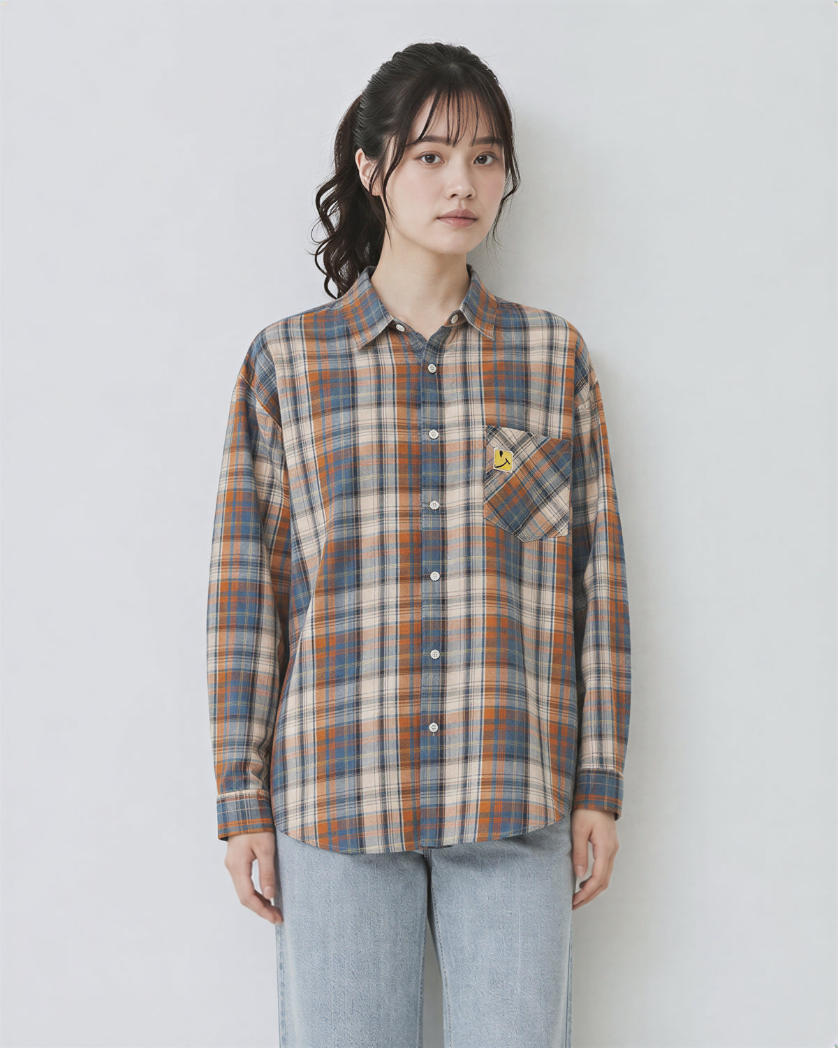【秋新作】M~2XL ゆったりチェック柄シングルポケットシャツ
