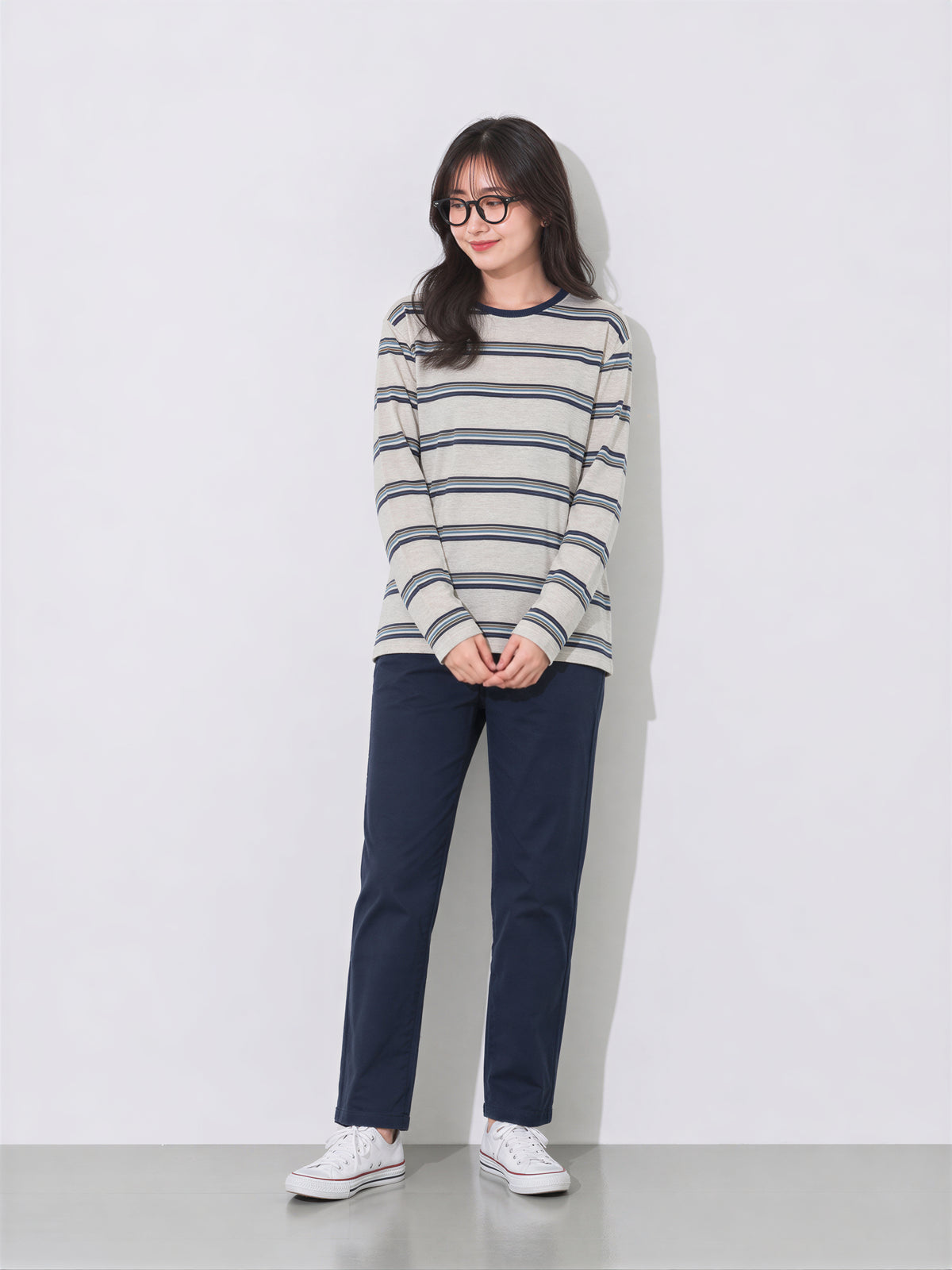 S~XL ボーダー クルーネック ゆったりTシャツ